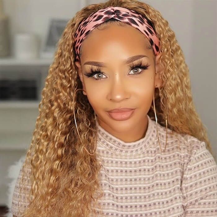 #27 Honey Blonde Curly Hair Headband Wig Human Hair Quick And Easy Install