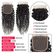 Brazilian Curly Weave Human Hair 4 Bundles with 4x4 Lace Closure 10A Unprocessed Virgin Hair