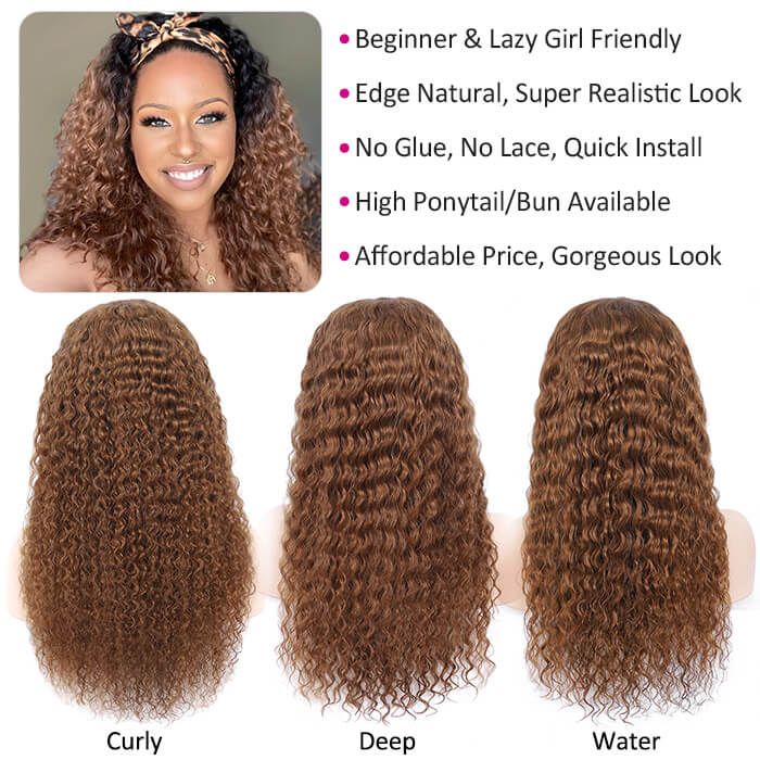 #30 Ombre Color Headband Wig Human Hair Headband Scarf 180% Density Wig