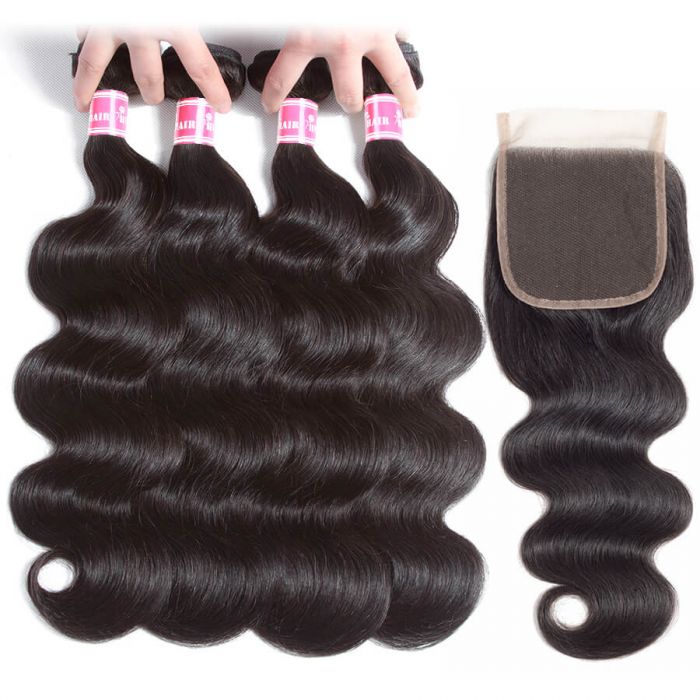 10A Unprocessed Human Hair Weave 4 Bundles With 4x4 Lace Closure Brazilian Body Wave