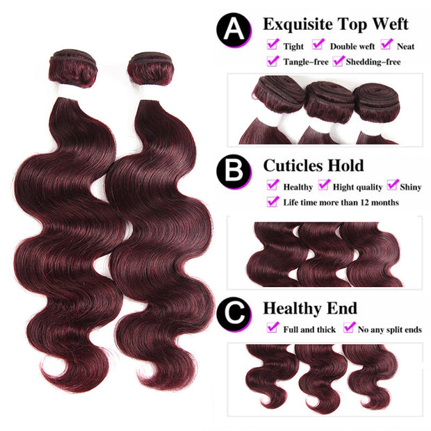 Body Wave Bundles With Closure Remy Brazilian Human Hair Burgundy 99J Dyed 3 Bundles With 4x4 Closure