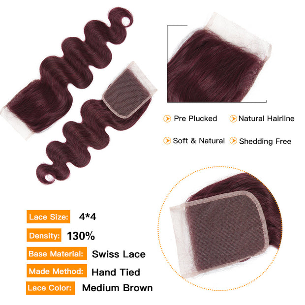 Body Wave Bundles With Closure Remy Brazilian Human Hair Burgundy 99J Dyed 3 Bundles With 4x4 Closure