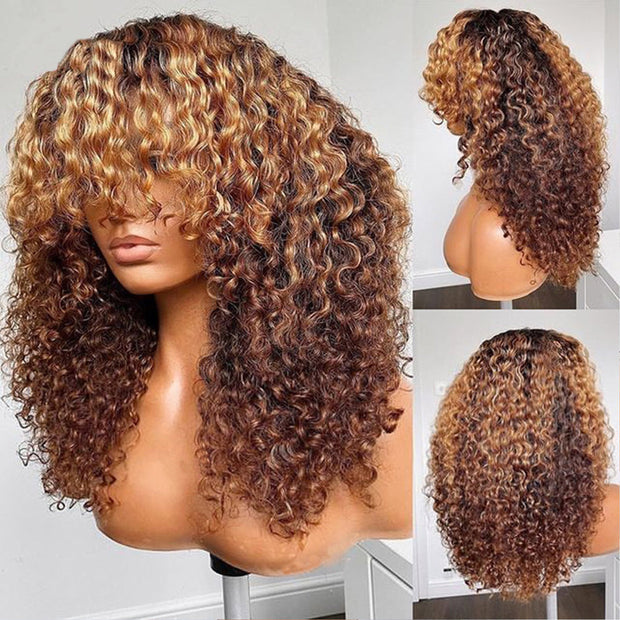 P4/27 Natural Color Curly Wig With Bangs NON-Lace Virgin Human Hair Wigs