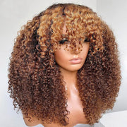 P4/27 Natural Color Curly Wig With Bangs NON-Lace Virgin Human Hair Wigs