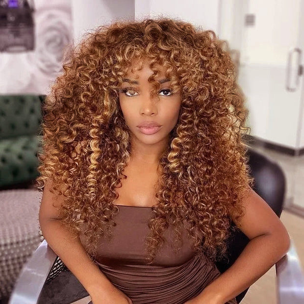 P4/27 Natural Color Curly Wig With Bangs NON-Lace Virgin Human Hair Wigs