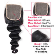 4x4 Pre Plucked HD Lace Closure Peruvian Loose Deep Wave Free Part 100% Black Virgin Hair 10-20 Inch