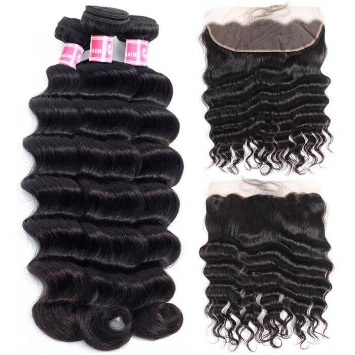 Brazilian Hair 3 Bundles With 13x4 HD Transprent Lace Frontal Loose Deep Wave 100% Unprocessed Virgin Human Hair