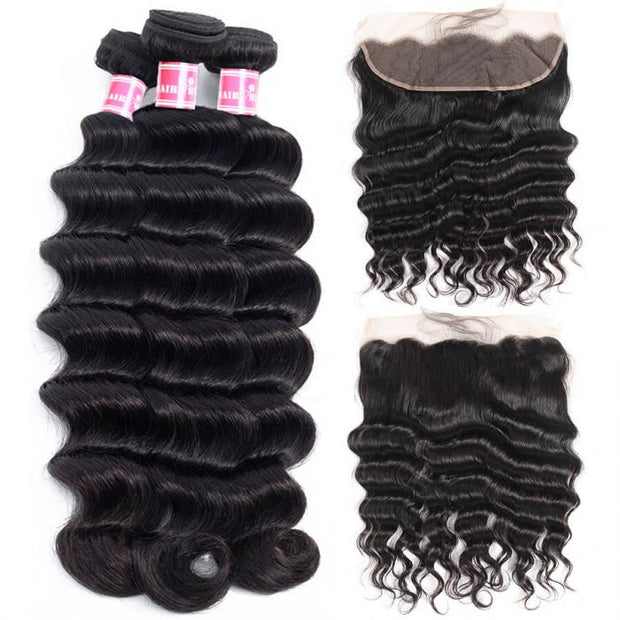 Brazilian Hair 3 Bundles With 13x4 HD Transprent Lace Frontal Loose Deep Wave 100% Unprocessed Virgin Human Hair