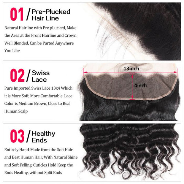 Brazilian Hair 3 Bundles With 13x4 HD Transprent Lace Frontal Loose Deep Wave 100% Unprocessed Virgin Human Hair