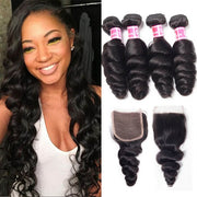 Loose Wave Hair 4 Bundles With 4*4 Lace Closure Unprocessed Peruvian Human Hair Weave