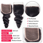 Loose Wave Hair 4 Bundles With 4*4 Lace Closure Unprocessed Peruvian Human Hair Weave