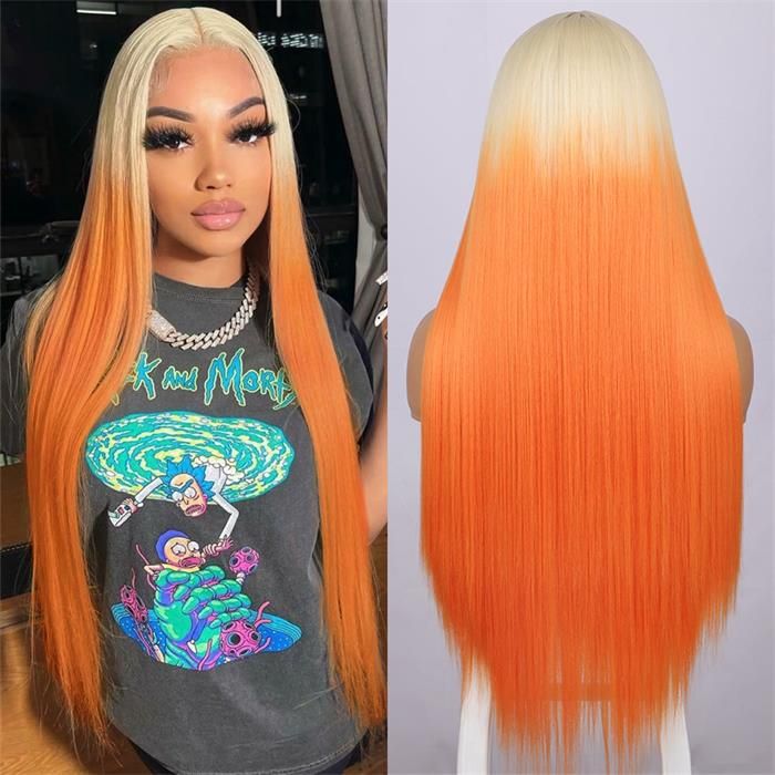 Colored Hot Long Straight Ombre Blonde Orange Cosplay HD Lace Human Hair Wigs For Woman