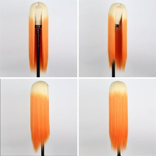 Colored Hot Long Straight Ombre Blonde Orange Cosplay HD Lace Human Hair Wigs For Woman
