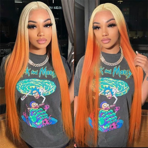 Colored Hot Long Straight Ombre Blonde Orange Cosplay HD Lace Human Hair Wigs For Woman