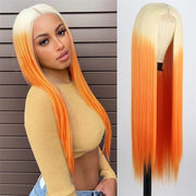 Colored Hot Long Straight Ombre Blonde Orange Cosplay HD Lace Human Hair Wigs For Woman