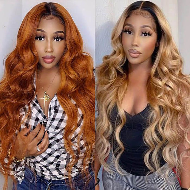 Ombre Color Wig 13*4 Transparent Lace 220% Density Wig Body Wave Virgin Human Hair Wigs Pre Plucked