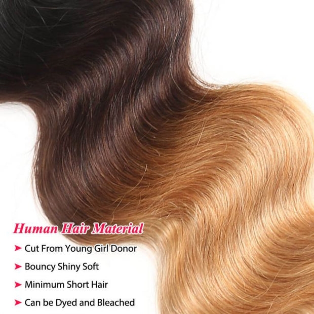1B/4/27 Three Tone Brazilian Body Wave Human Hair 4 Bundles Virgin Hair Weave