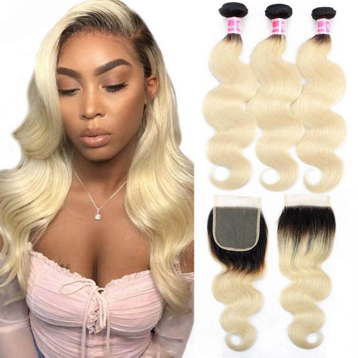 1B/613 Color Body Wave Human Hair 3 Bundles with Closure Unprocessed Virgin Hair Weave