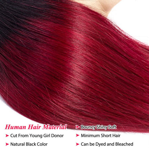 Pre-Colored 1B/99J Ombre Wine Red Virgin Human Hair Weave Brazilian Straight Hair 4 Bundles