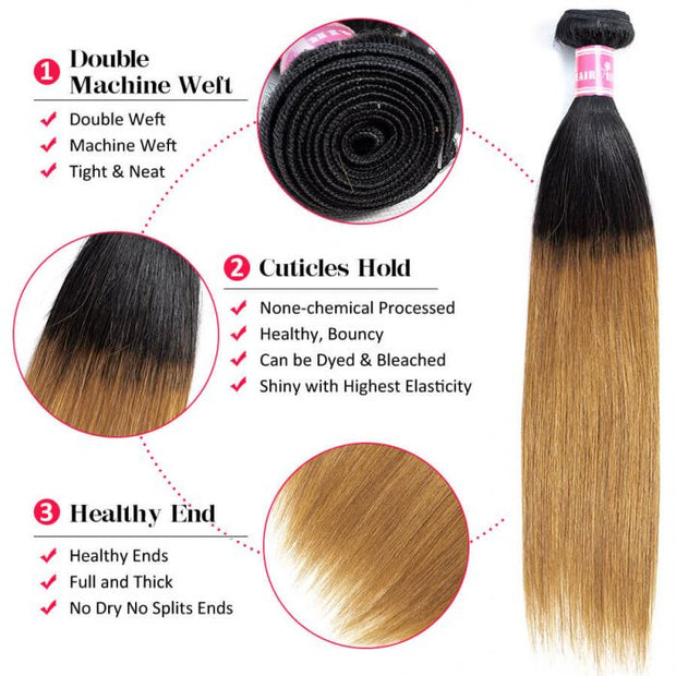 1B/30 Ombre Hair Brazilian Straight Human Hair 3 Bundles with Lace Closure 4x4 100% Unprocessed Virgin Hair