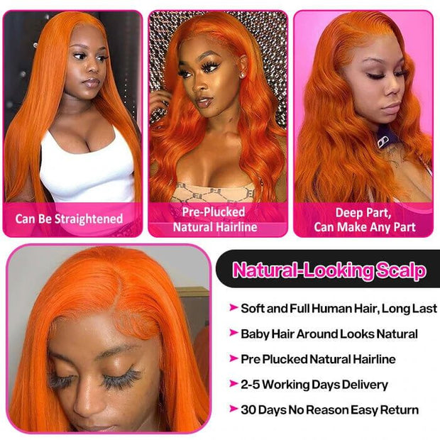 Body Wave HD Transparent Lace Frontal Wig Orange Ginger Color Human Hair Wigs For Women