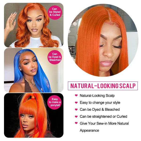 Orange Ginger Hair Color Wig Barbie Colored Straight Hair 13x4 HD Transparent Lace Human Hair Wigs For Black Women
