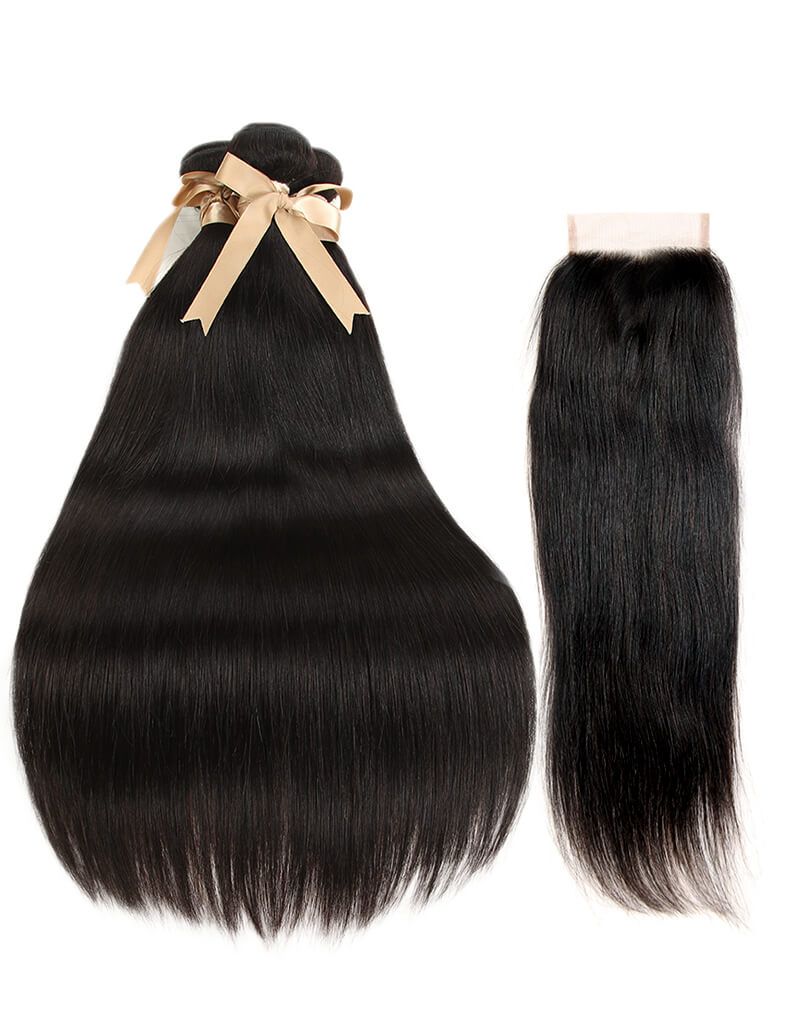 Remy Human Hair Straight Hair Weave 3 Bundles With 4x4 Lace Closure