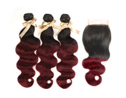 Remy Body Wave Human Hair Bundles With Closure 1B Burgundy Remy Peruvian Dyed Ombre 3 Bundles With Frontal 4x4 Brazilian Human Hair