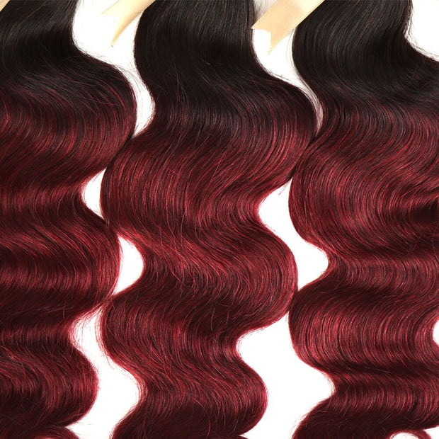 Remy Body Wave Human Hair Bundles With Closure 1B Burgundy Remy Peruvian Dyed Ombre 3 Bundles With Frontal 4x4 Brazilian Human Hair