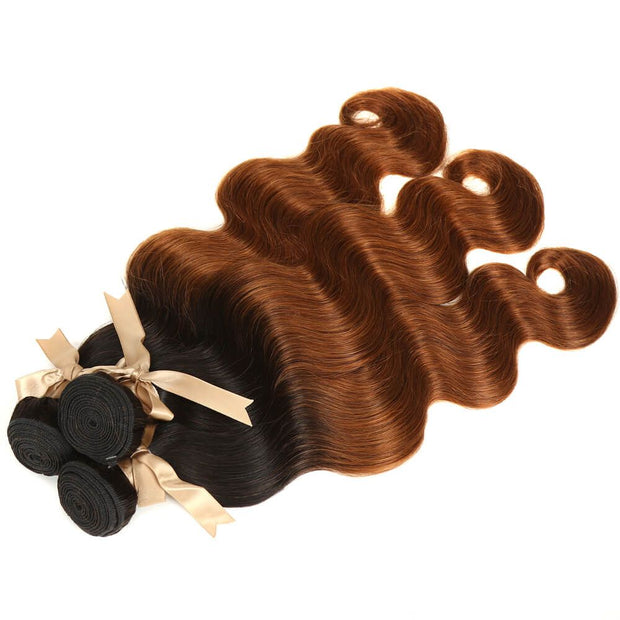 Body Wave Bundles With Closure Remy Human Hair 3 bundles with 4*4 Lace Closure Ombre Brown Color T1B/30