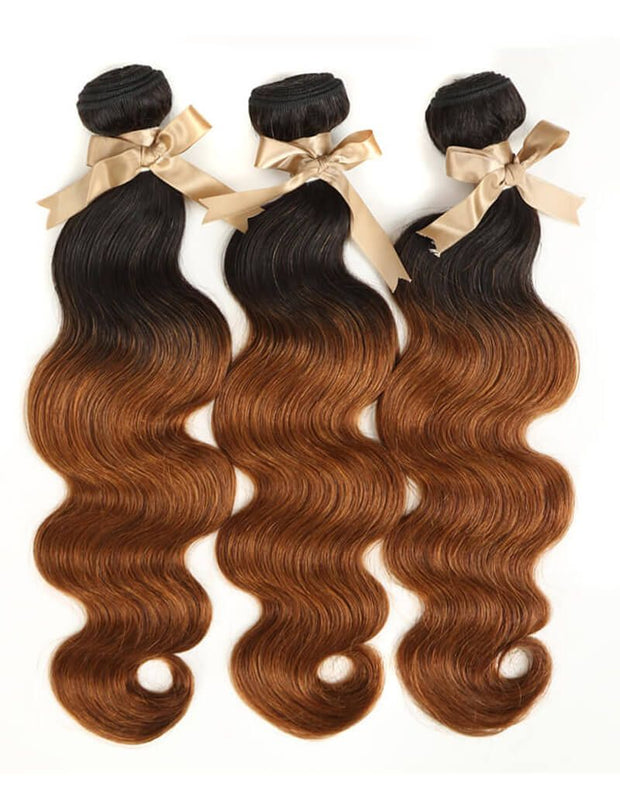 Body Wave Bundles With Closure Remy Human Hair 3 bundles with 4*4 Lace Closure Ombre Brown Color T1B/30