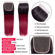1B/99J Color Straight Hair 4 Bundles With Lace Closure Unprocessed Virgin Human Hair Weave