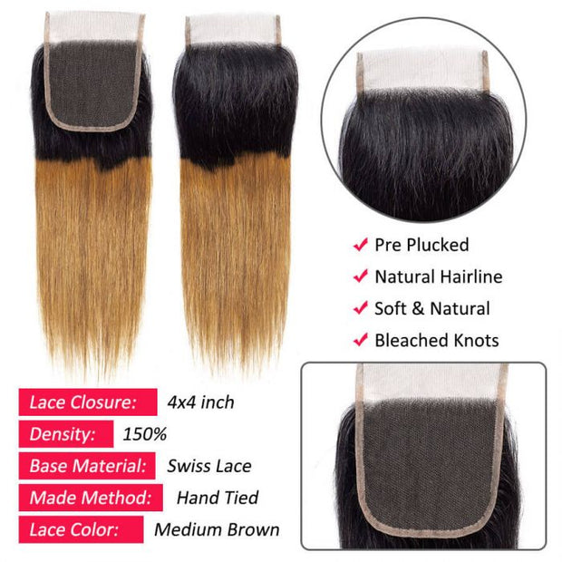 1B/30 Ombre Hair Brazilian Straight Human Hair 3 Bundles with Lace Closure 4x4 100% Unprocessed Virgin Hair
