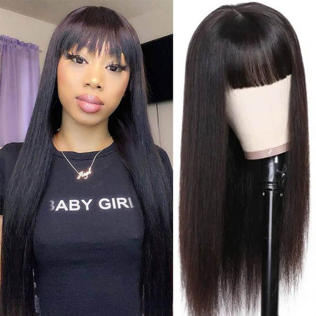 Straight Human Hair Wigs With Bangs for Women Half Machine Made Wig