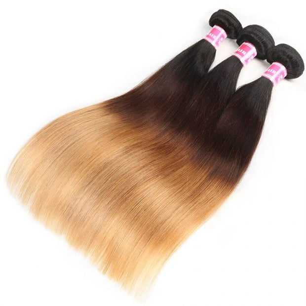 Ombre Hair 1B/4/27 Color Straight Human Hair 3 Bundles With 4x4 Lace Closure Unprocessed Virgin Hair