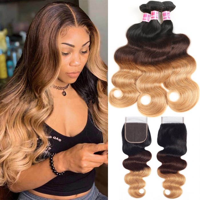 Ombre Color 1B/4/27 Brazilian Body Wave 3 PCS With Lace Closure 100 Human Virgin Hair