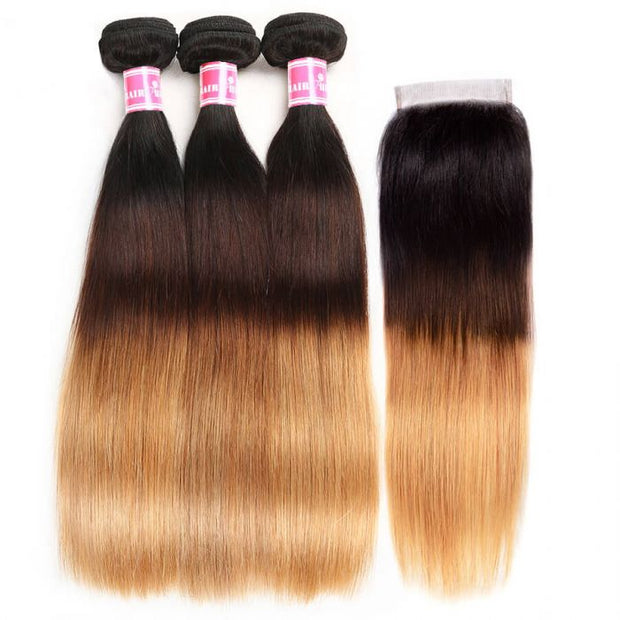 Ombre Hair 1B/4/27 Color Straight Human Hair 3 Bundles With 4x4 Lace Closure Unprocessed Virgin Hair