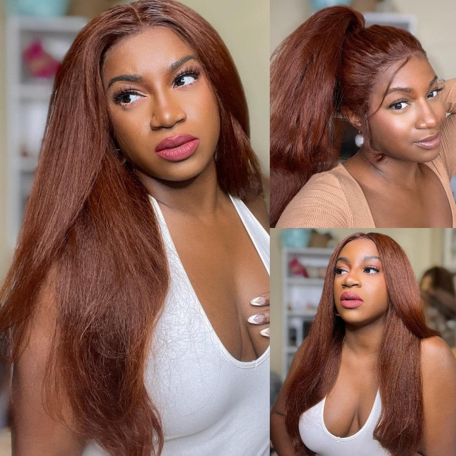 Clearance 5x5 Kinky Straight Reddish Brown Lace Closure Wig Human
