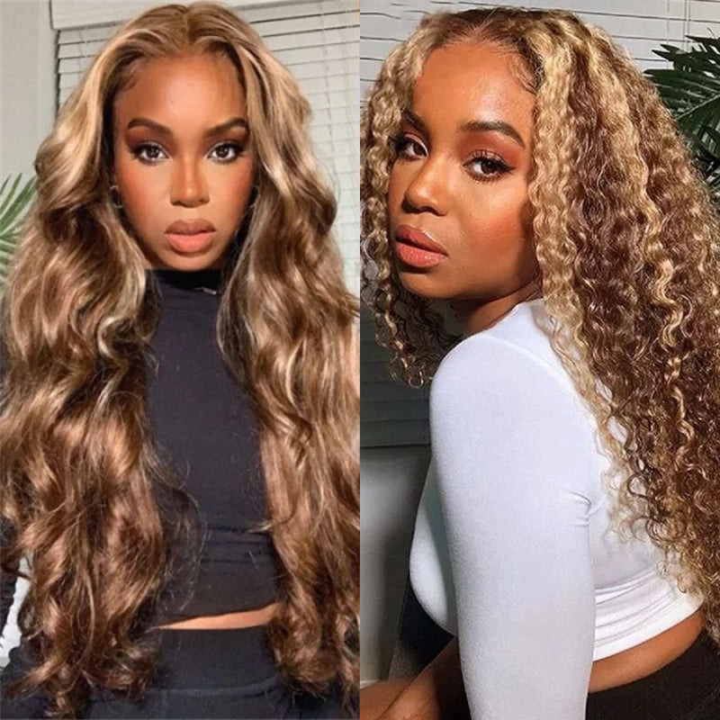 Honey Blonde Highlight Lace Front Curly  Wigs 100% Human Hair Wigs Flash Sale