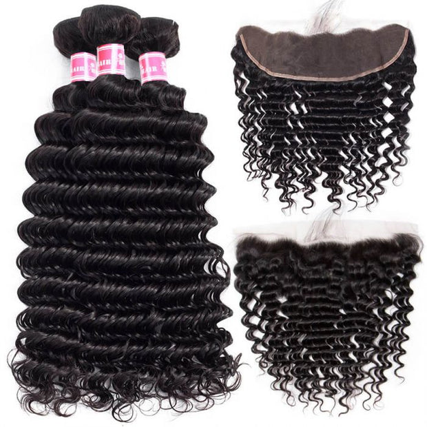 Brazilian Deep Wave Hair 3 Bundles With 13X4 Lace Frontal 100% Virgin Human Hair Weave