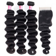 Loose Deep Wave Brazilian Virgin Hair 3 Bundles With Lace Closure Free Part Human Hair Extensions