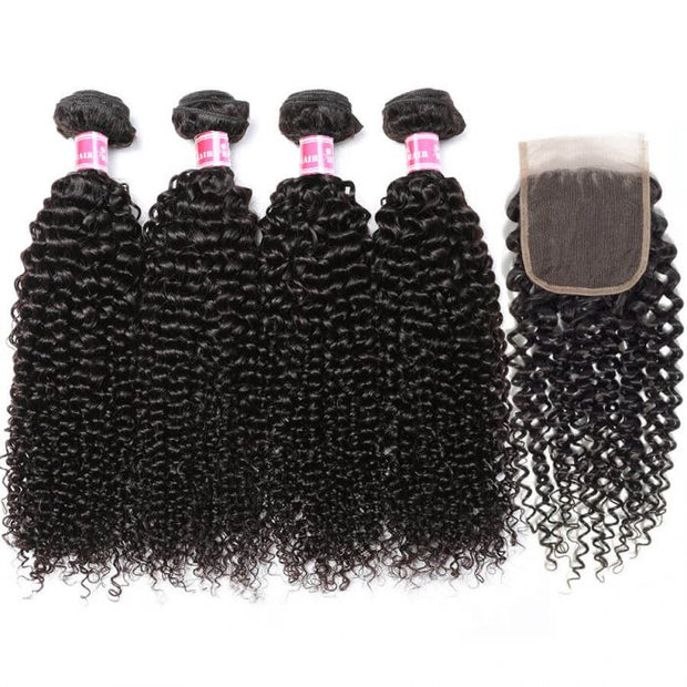 Brazilian Curly Weave Human Hair 4 Bundles with 4x4 Lace Closure 10A Unprocessed Virgin Hair