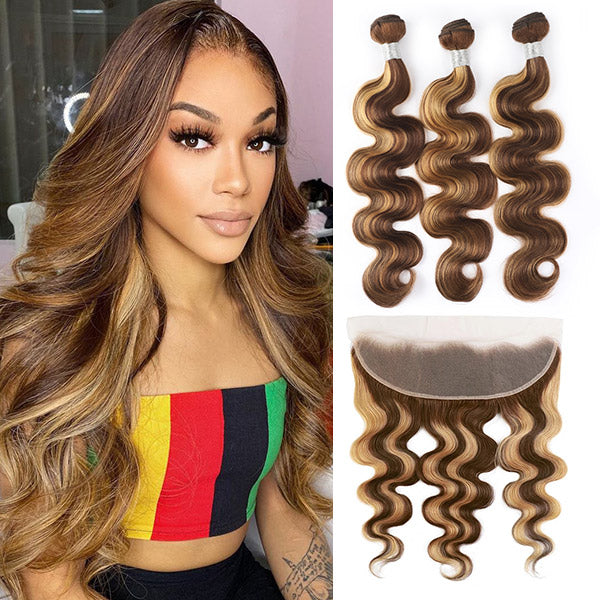 Highlight Body Wave Hair 3 Bundles with 13x4 Lace Frontal Closure Ear to Ear Virgin Human Indian Hair