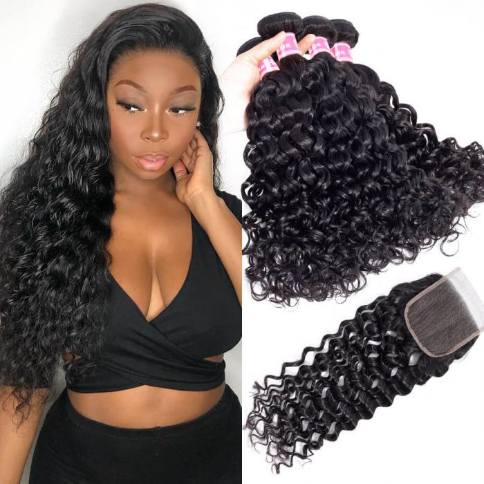 Peruvian Human Hair Water Wave 4 Bundles With 4*4 Lace Closures Wet And Wavy Virgin Hair