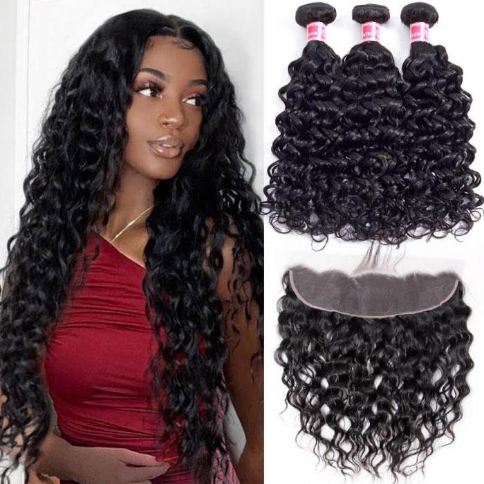 Brazilian Water Wave Hair 3 Bundles With 13X4 Lace Frontal 100% Virgin Human Hair Weave