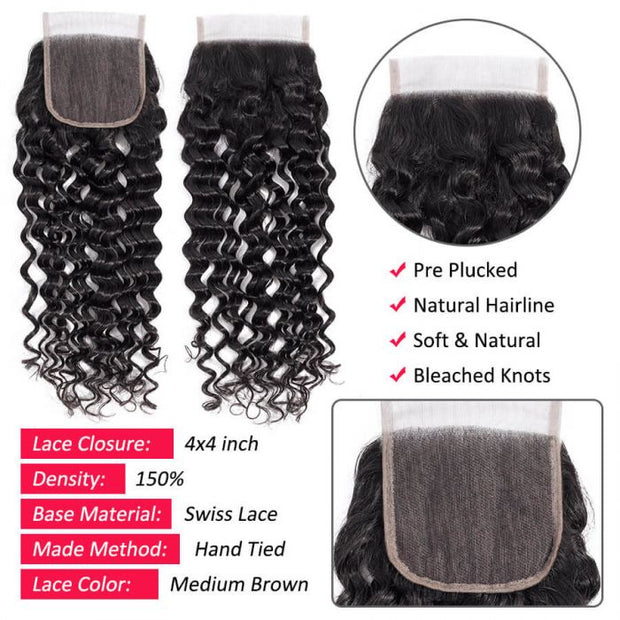 Peruvian Human Hair Water Wave 4 Bundles With 4*4 Lace Closures Wet And Wavy Virgin Hair